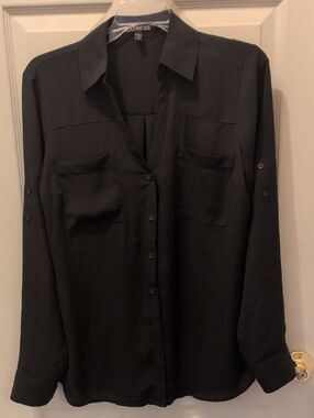 Express Black Long-Sleeve Button-Down Shirt with Chest Pockets